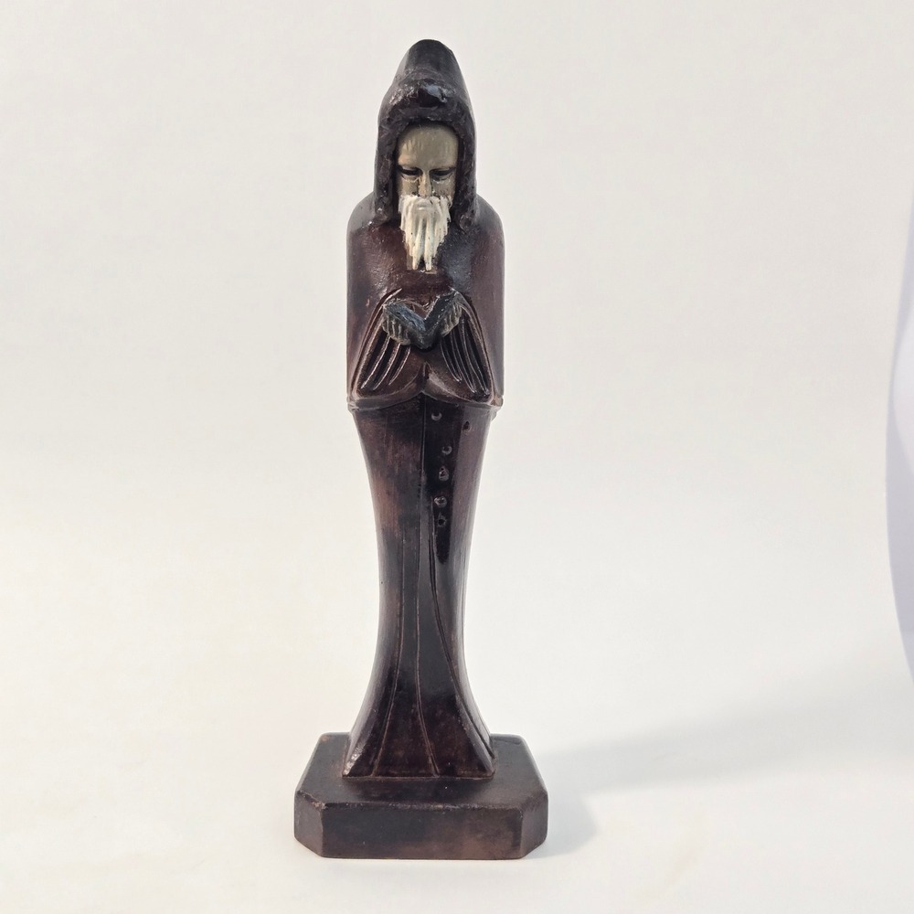 Vintage Monk Friar Figurine Hooded Scholar Reading Book Dark Brown Statue